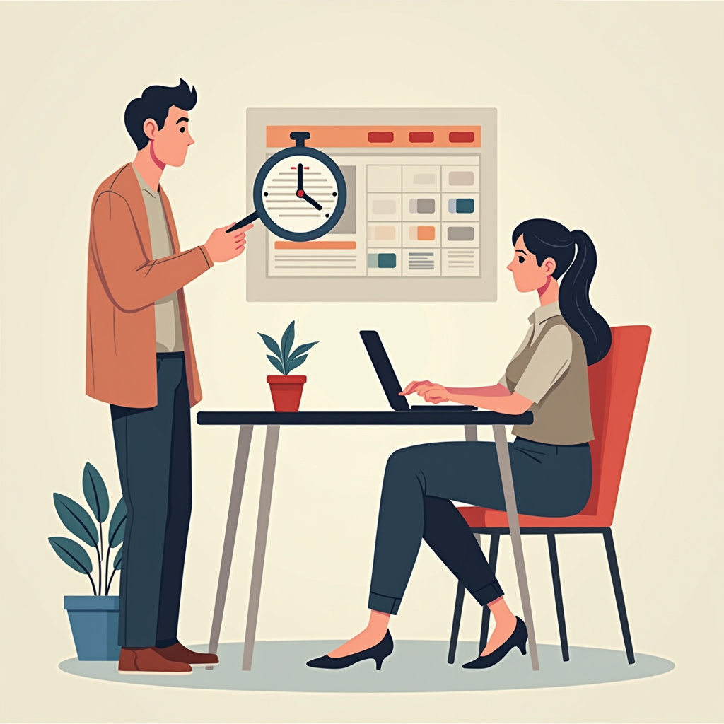 Alt-text: Kobieta pracująca przy biurku z laptopem, obok kubek kawy i notes z harmonogramem tygodnia.