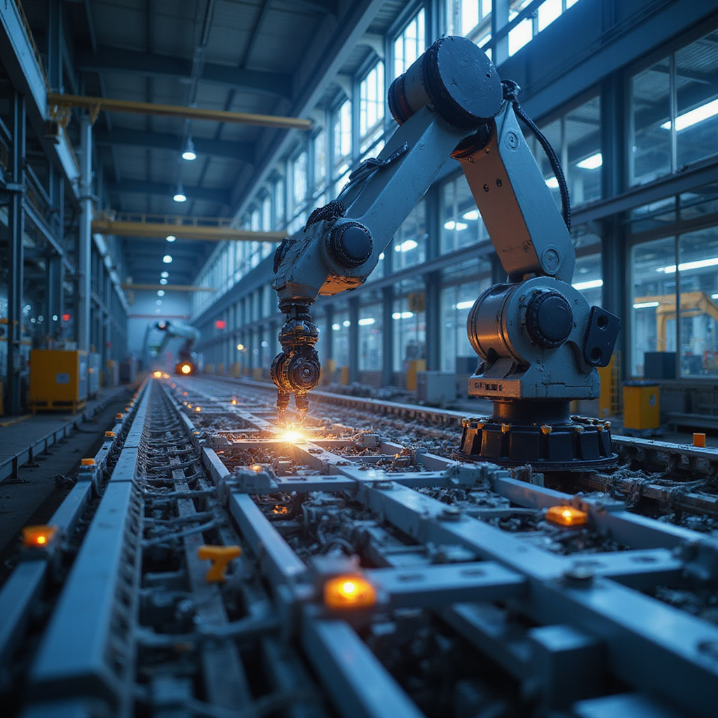 Alt text dla obrazków: Robot przemysłowy z interfejsem AI optymalizujący proces produkcyjny Wizualizacja inteligentnego łańcucha dostaw z wykorzystaniem sztucznej inteligencji