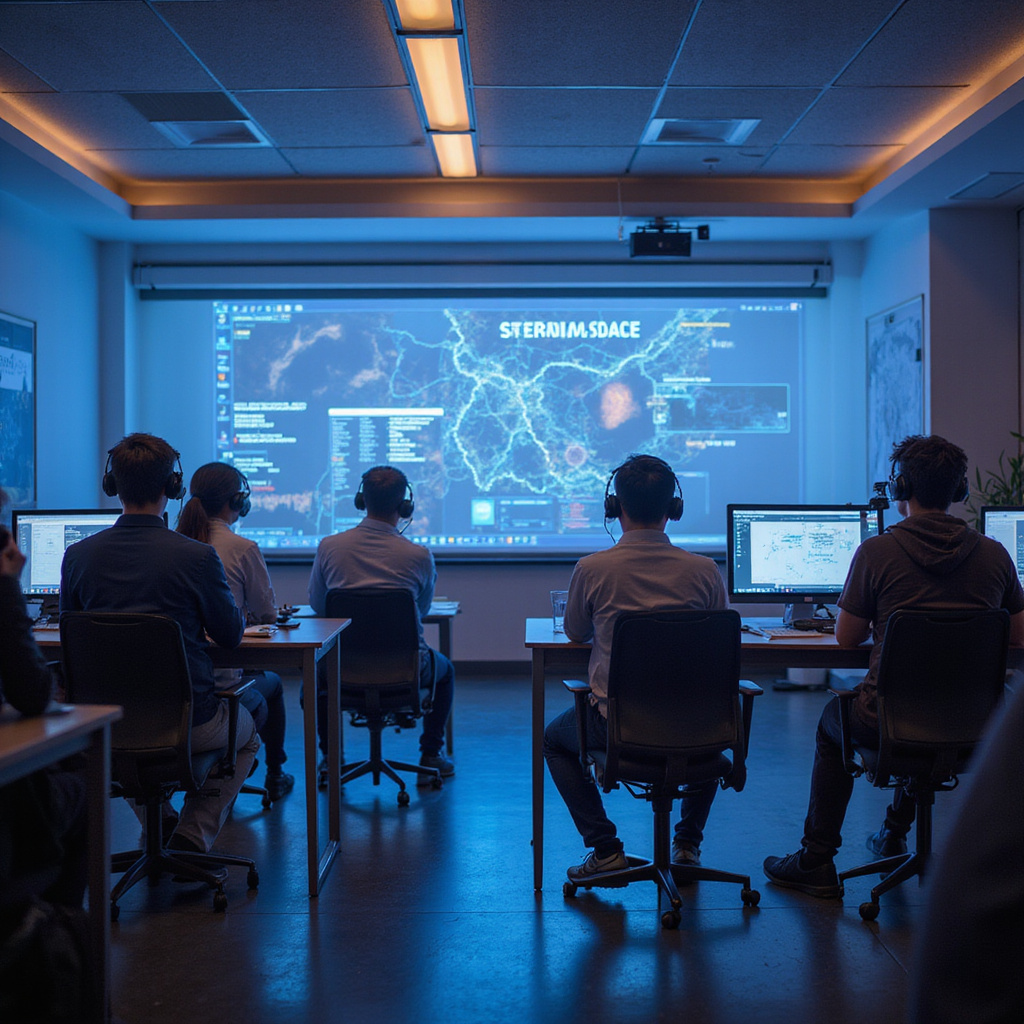 Alt-text: Młodzi uczniowie korzystający z laptopów i tabletów podczas nauki w nowoczesnej sali lekcyjnej.