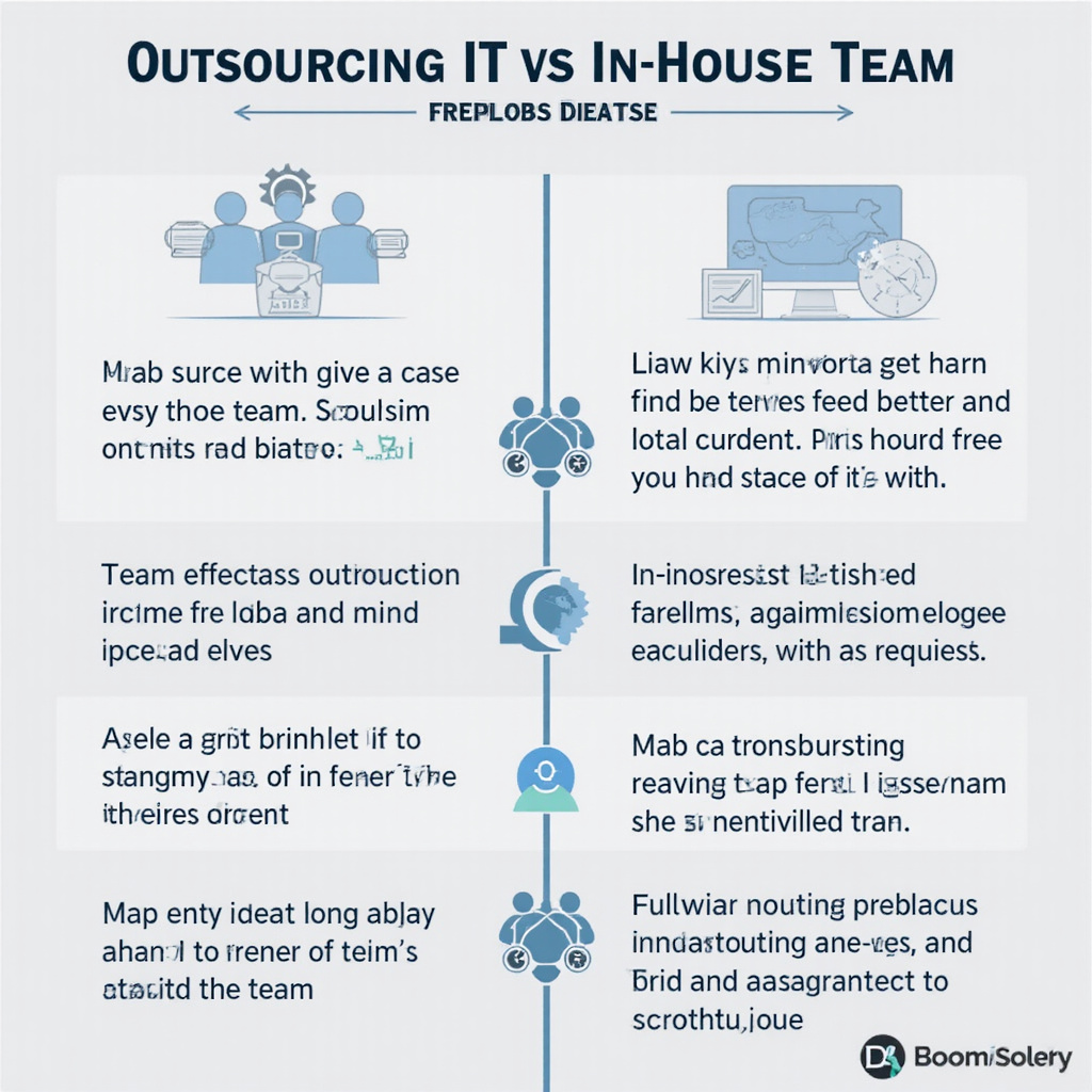 Alt-text: Porównanie outsourcingu IT i zespołu wewnętrznego na tle diagramu decyzyjnego.