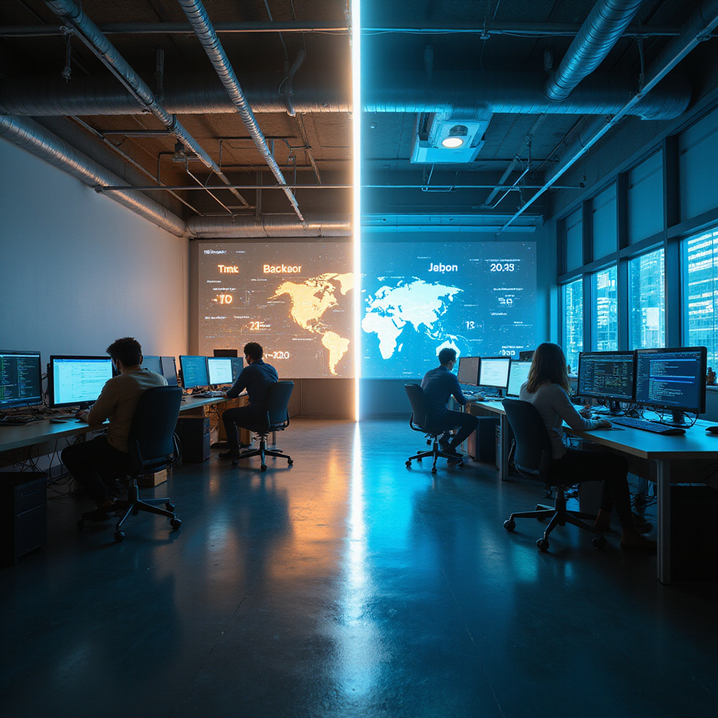 Alt-text: Porównanie outsourcingu IT i zespołu wewnętrznego na tle diagramu decyzyjnego.