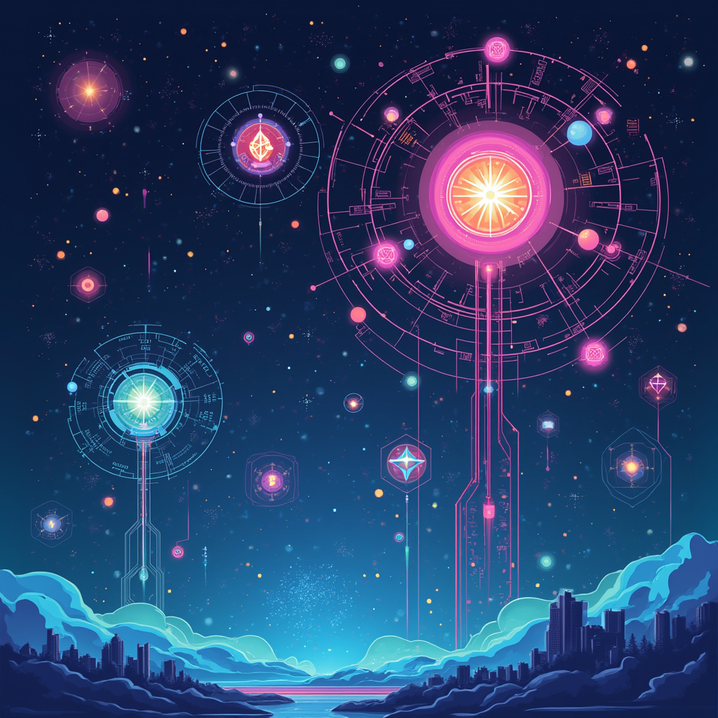 Ilustracja przedstawiająca ewolucję technologii blockchain od Bitcoina do współczesnych zastosowań