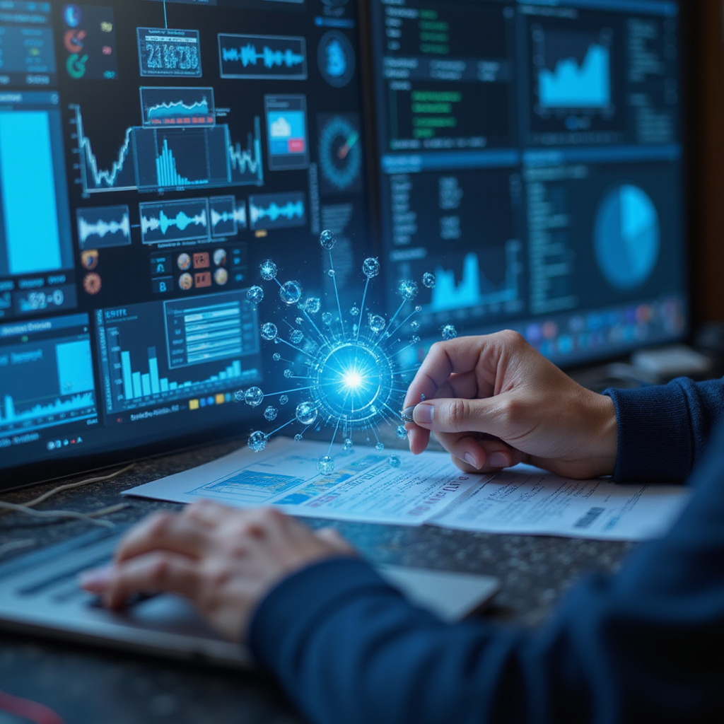 Inwestor analizujący wykresy spółek technologicznych na ekranie komputera