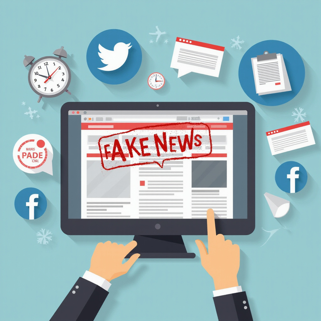 Alt text: Infografika przedstawiająca schemat rozprzestrzeniania się fake newsów w mediach społecznościowych z podkreśleniem kluczowych punktów weryfikacji informacji.