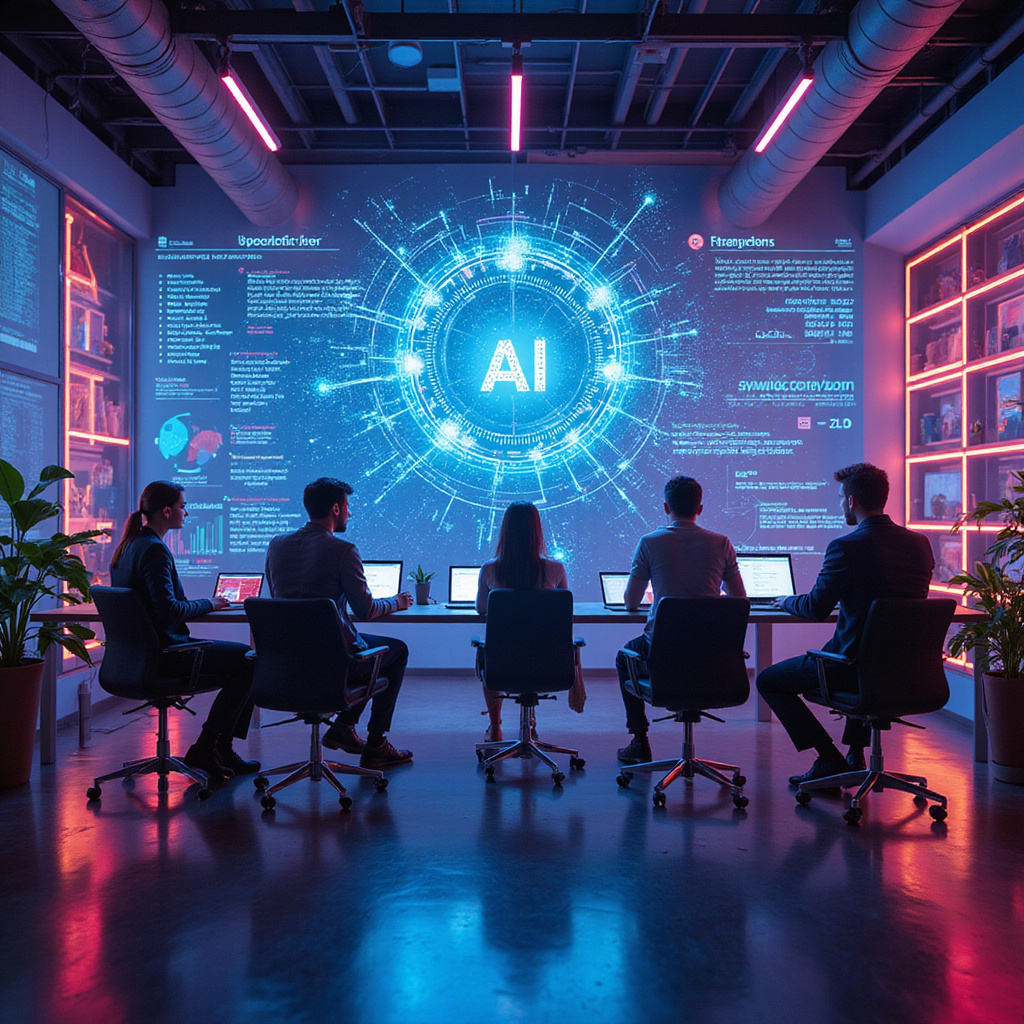 Grafika przedstawiająca sztuczną inteligencję generującą tekst i obrazy na ekranie komputera