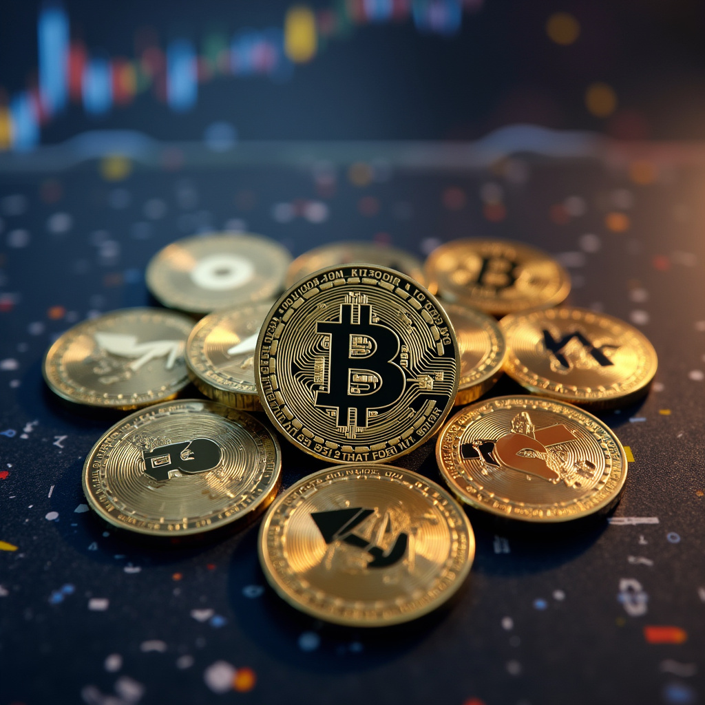 Cyfrowe monety kryptowalutowe na tle wykresu blockchain