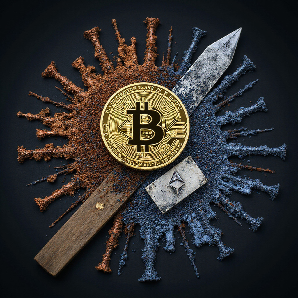 Ilustracja przedstawiająca schemat działania forka w blockchainie z dwoma rozgałęziającymi się łańcuchami bloków