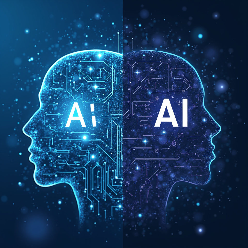 Infografika porównująca sztuczną inteligencję i uczenie maszynowe, pokazująca główne różnice w podejściu i zastosowaniach obu technologii