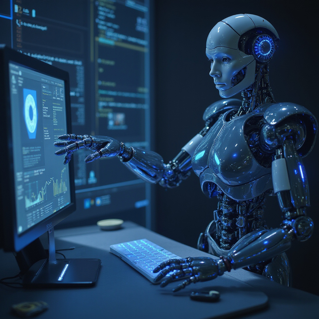 Alt text dla obrazków: Robot analizujący dane biznesowe na ekranie komputera.