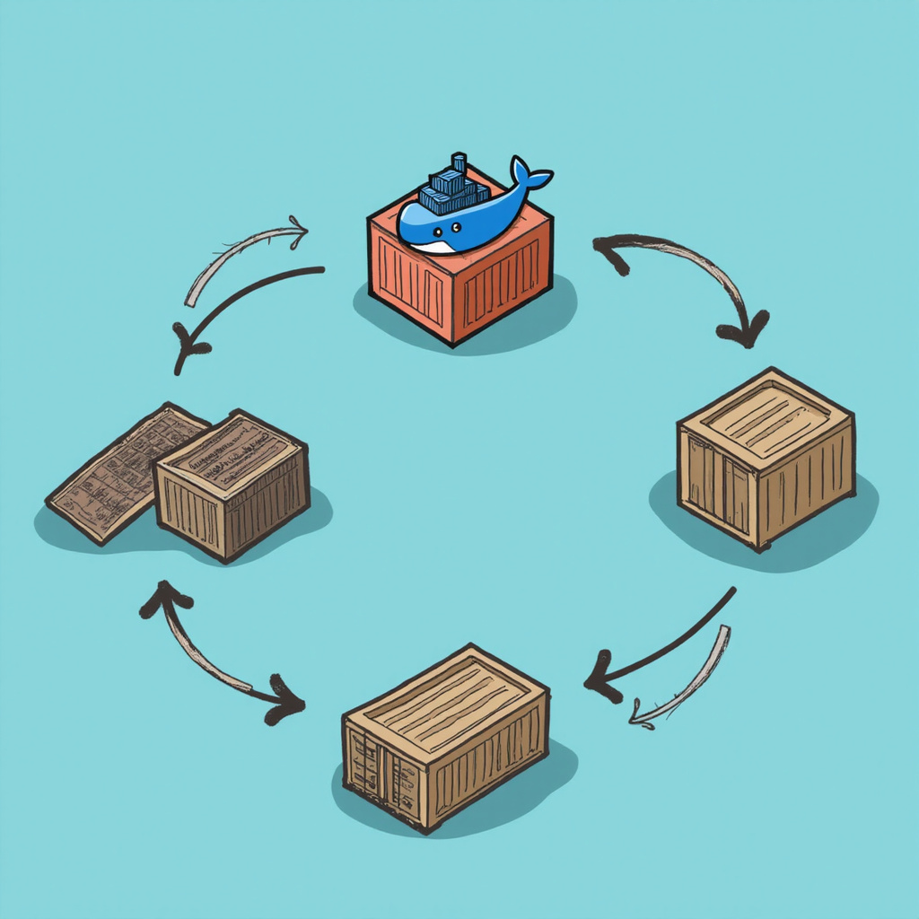 Ilustracja przedstawiająca strukturę kontenerów Docker z wyróżnionymi komponentami izolacji i wirtualizacji