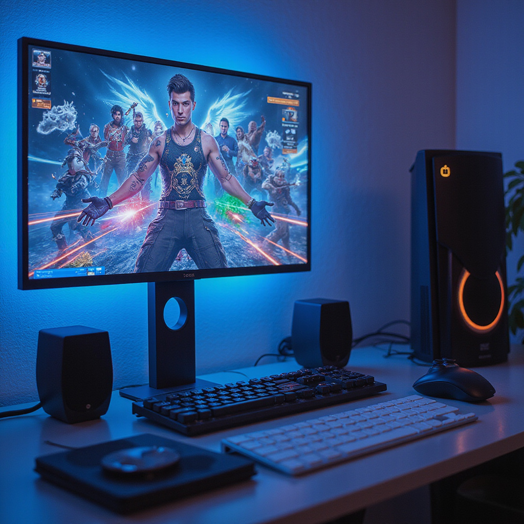 Mężczyzna grający w grę wideo na laptopie poprzez usługę cloud gaming, z widocznym interfejsem strumieniowania i kontrolerem w dłoniach.