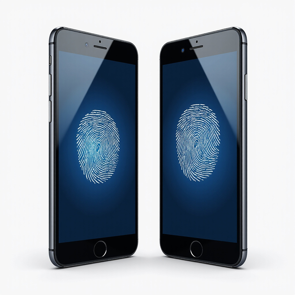 Mężczyzna odblokowujący smartfon za pomocą czytnika linii papilarnych w ekranie, w tle widoczne schematy technologiczne.