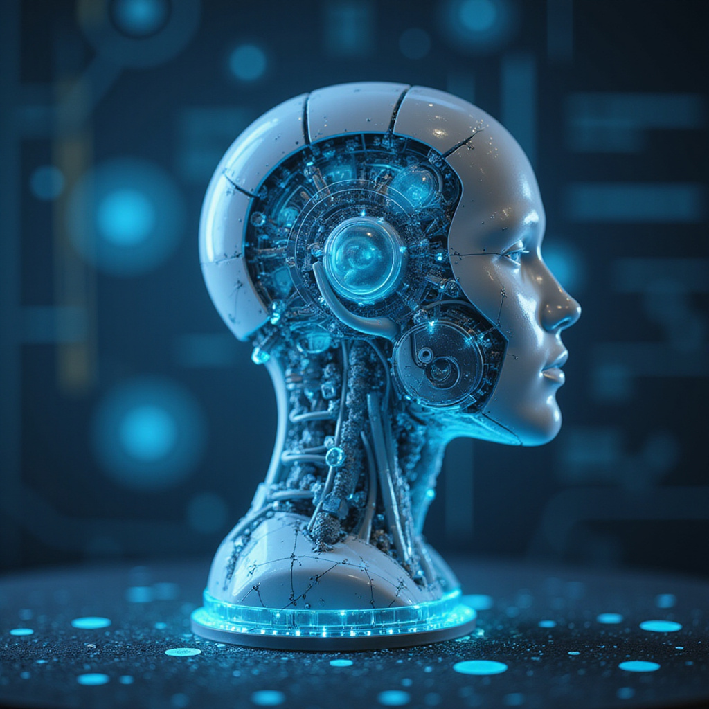Robot przemysłowy z interfejsem AI optymalizujący proces produkcyjny w nowoczesnej fabryce