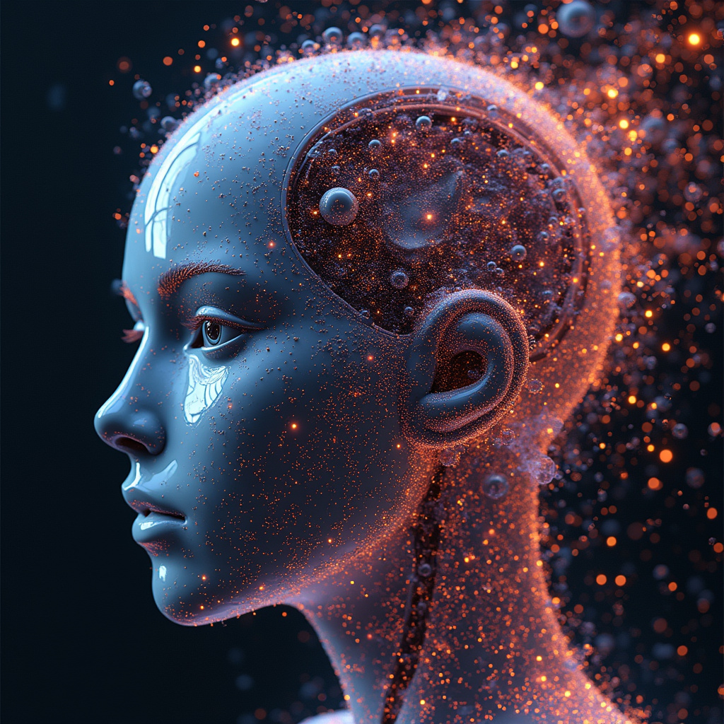 Obraz generowany przez sztuczną inteligencję przedstawiający surrealistyczne połączenie technologii i tradycyjnej sztuki