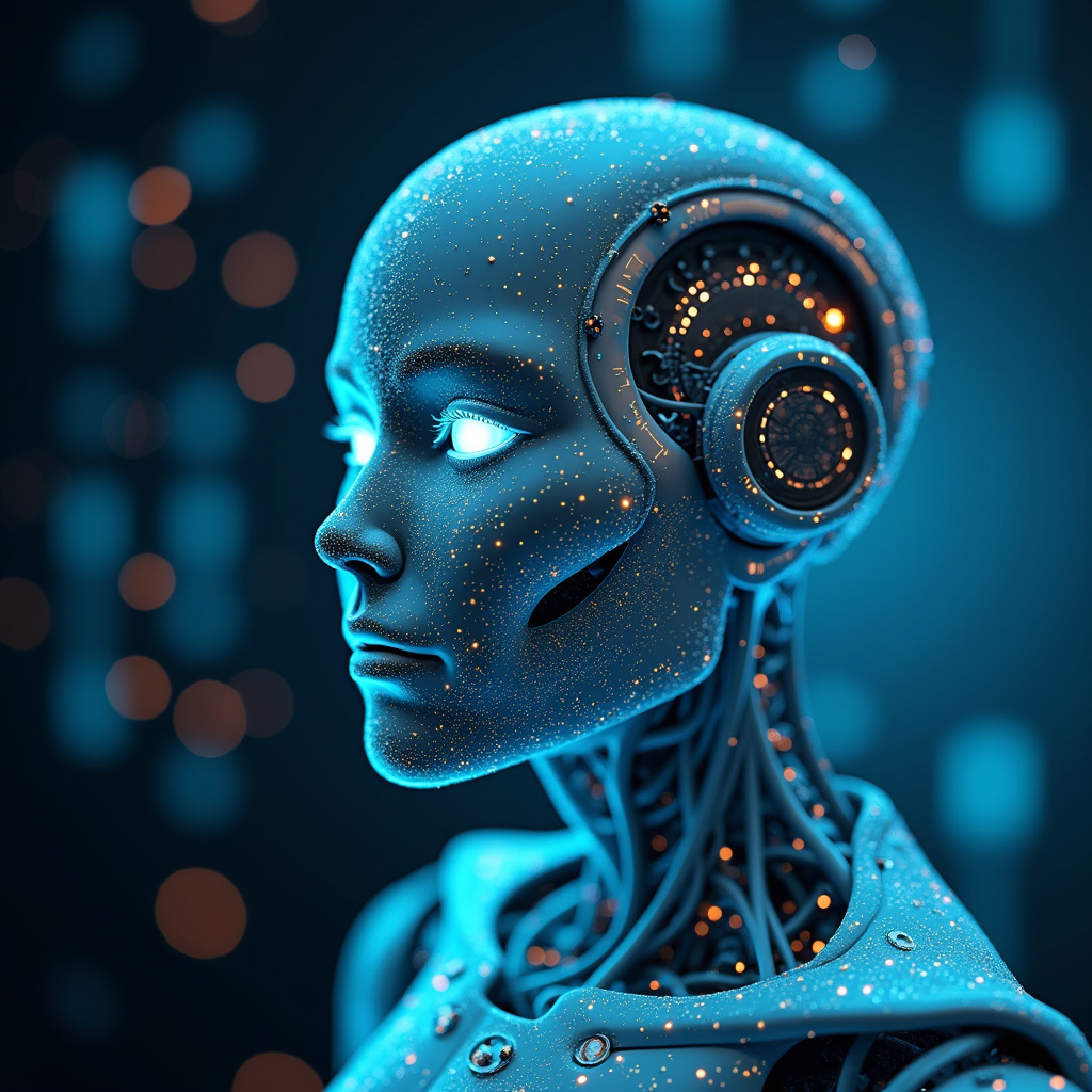 Robot współpracujący z człowiekiem w nowoczesnym biurze, ilustrujący synergię między sztuczną inteligencją a ludzką pracą