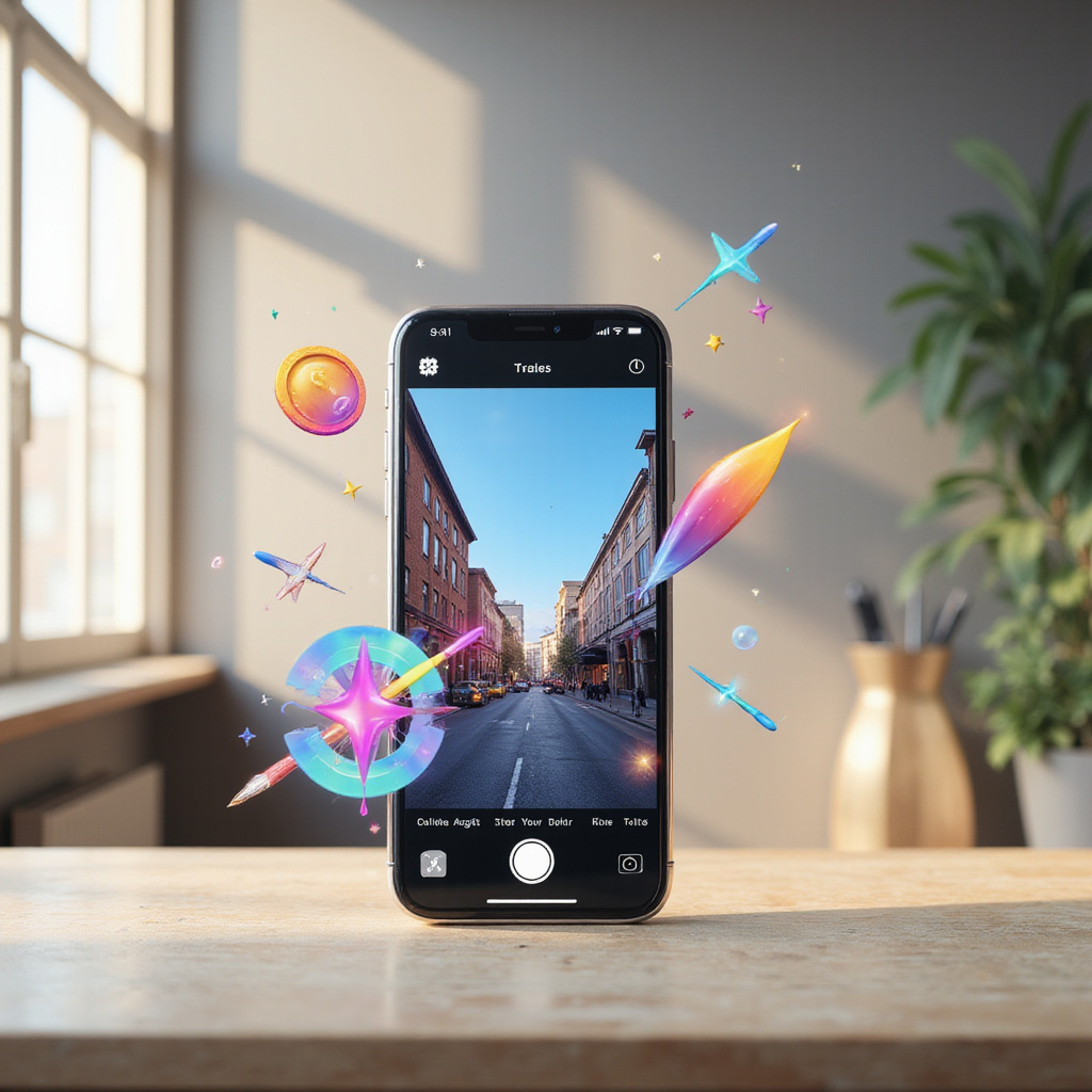 Kobieta korzystająca z nowych narzędzi AI w Instagram Stories, edytująca zdjęcie z zachodem słońca w tle.