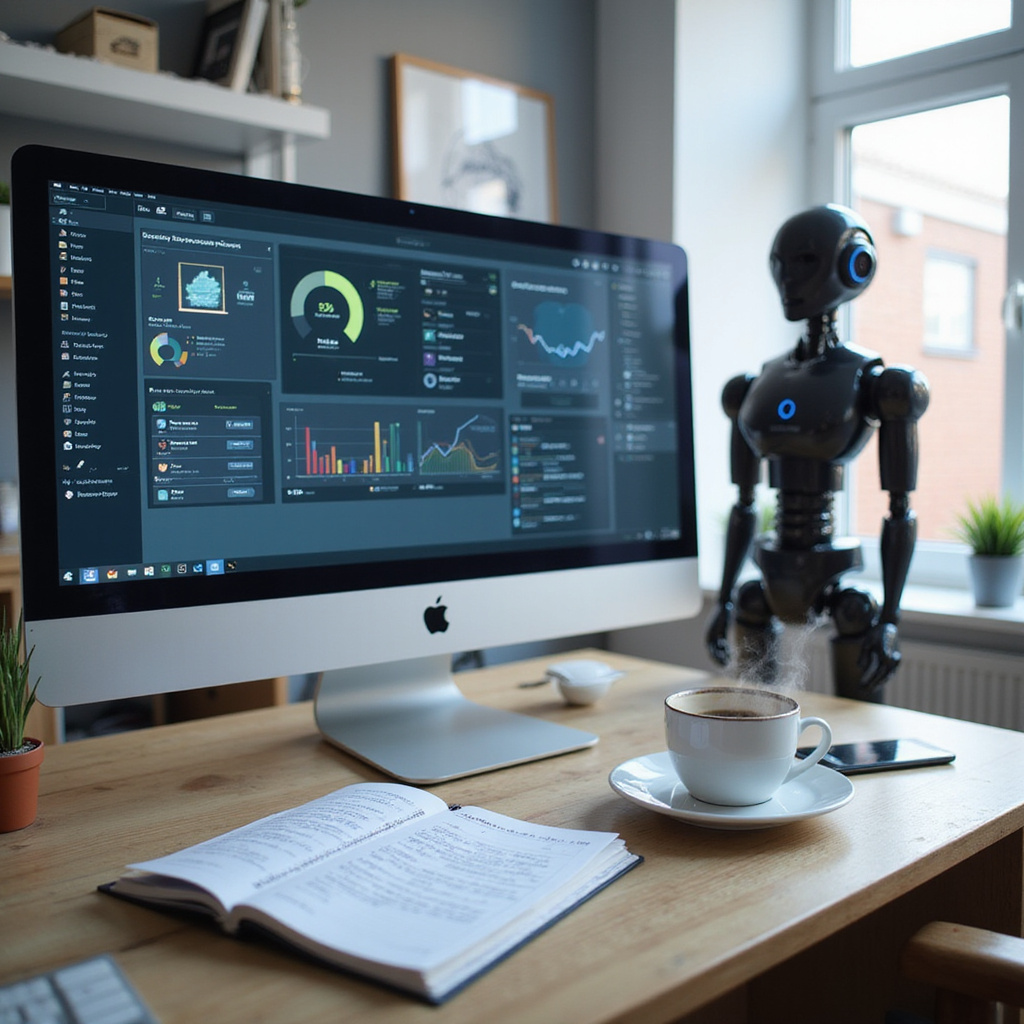 [ALT tekst: Grafika przedstawiająca zestaw narzędzi AI na pulpicie, z czynnymi ikonami różnych aplikacji.]