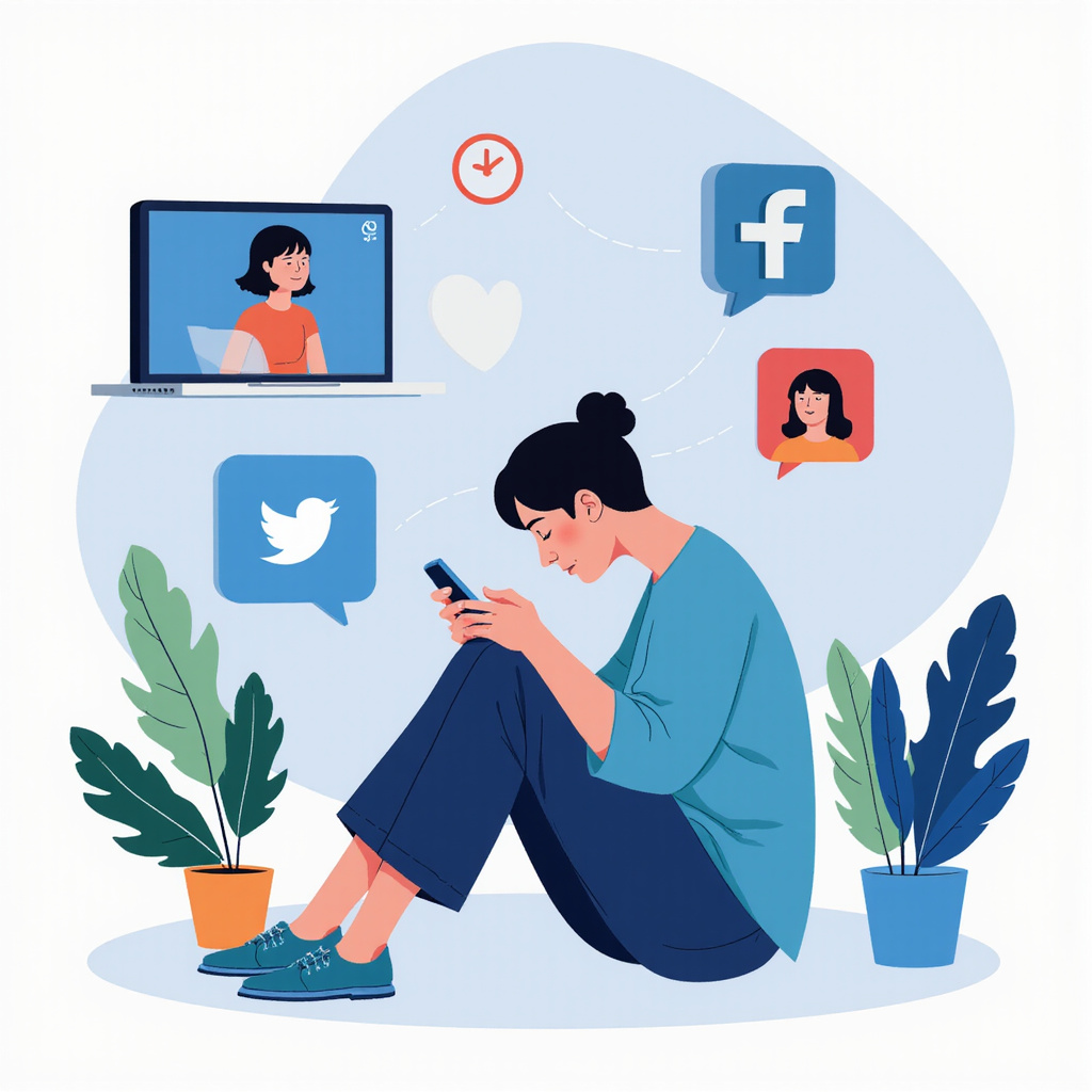 Młoda osoba wpatrzona w ekran smartfona w zatłoczonym miejscu, podczas gdy inni wokół niej rozmawiają i śmieją się.