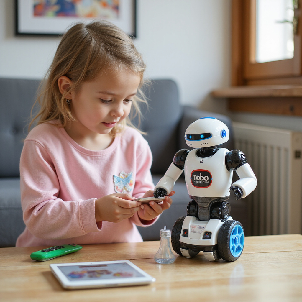 Dzieci programujące edukacyjnego robota z tabletem, uczące się podstaw kodowania w przyjaznym środowisku