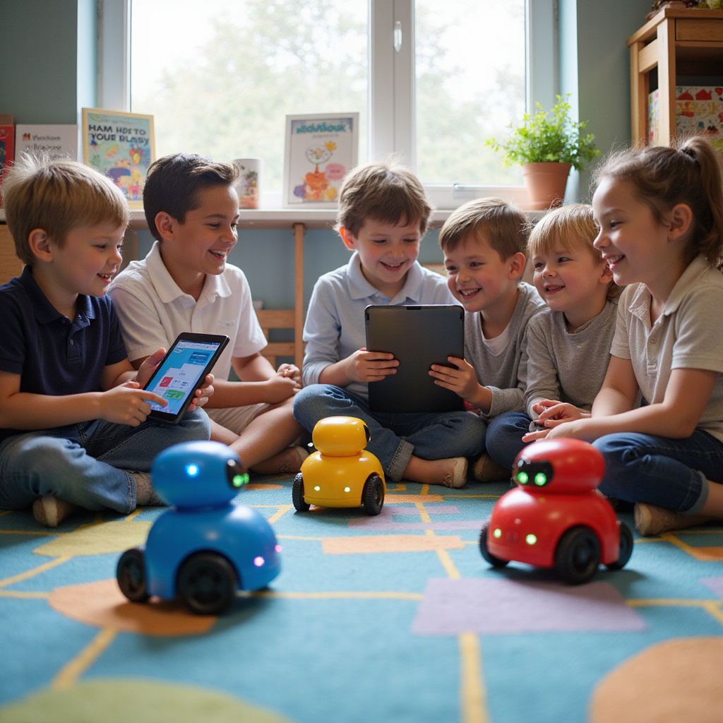 Dzieci programujące edukacyjnego robota z tabletem, uczące się podstaw kodowania w przyjaznym środowisku