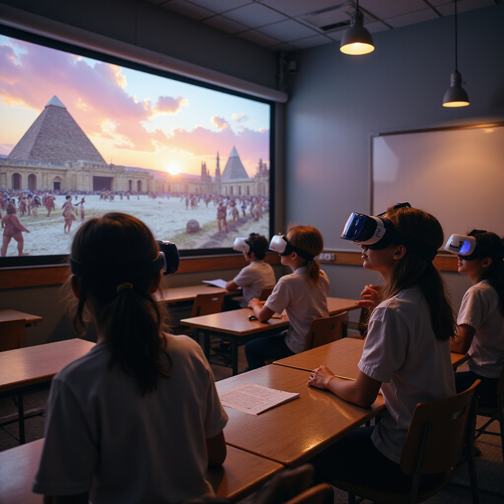 Uczniowie w goglach VR eksplorujący wirtualną rekonstrukcję starożytnego miasta