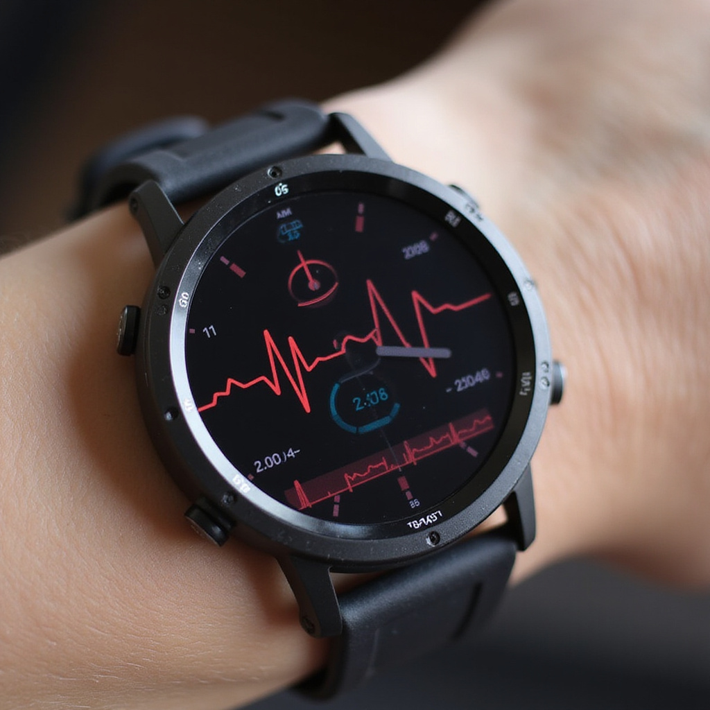 Mężczyzna sprawdza wyniki pomiaru EKG i SpO2 na smartwatchu podczas joggingu w parku