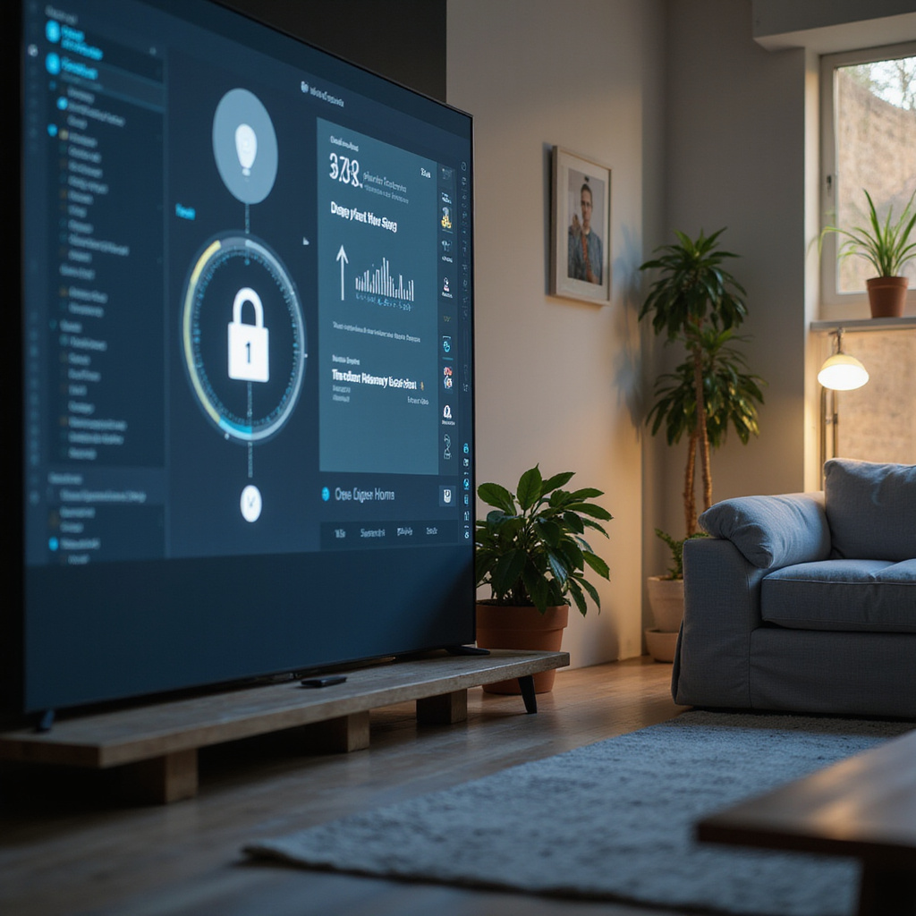 Mężczyzna konfigurujący zabezpieczenia inteligentnego domu na tablecie, w tle widoczne urządzenia smart home.