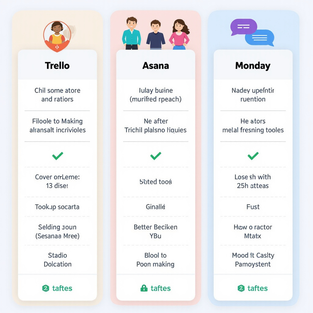 Alt text: Porównanie interfejsów Trello, Asana i Monday na ekranie komputera.