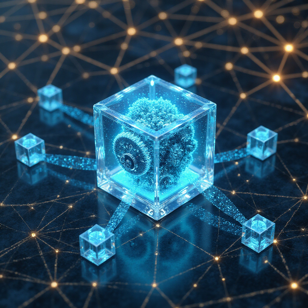 Zespół programistów pracujący nad zdecentralizowaną aplikacją z interfejsem pokazującym kod smart kontraktu