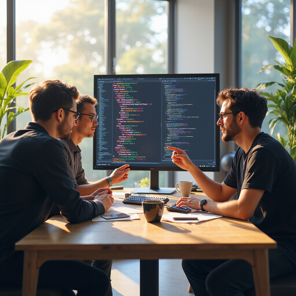 Programiści analizujący kod podczas sesji code review na ekranie komputera