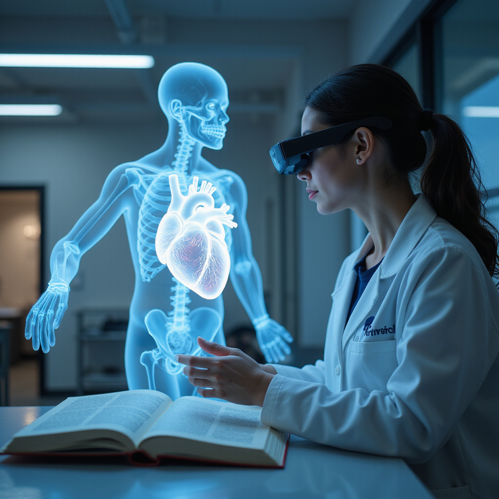 Alt text dla obrazków: Studenci medycyny korzystający z gogli AR do nauki anatomii w trójwymiarze.