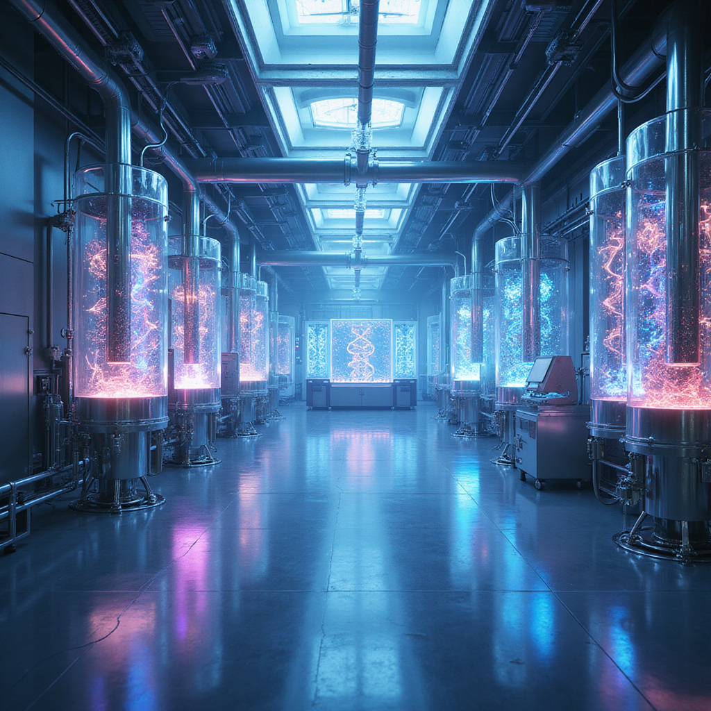 Naukowcy analizujący dane z procesu biosyntezy leków w laboratorium biotechnologicznym