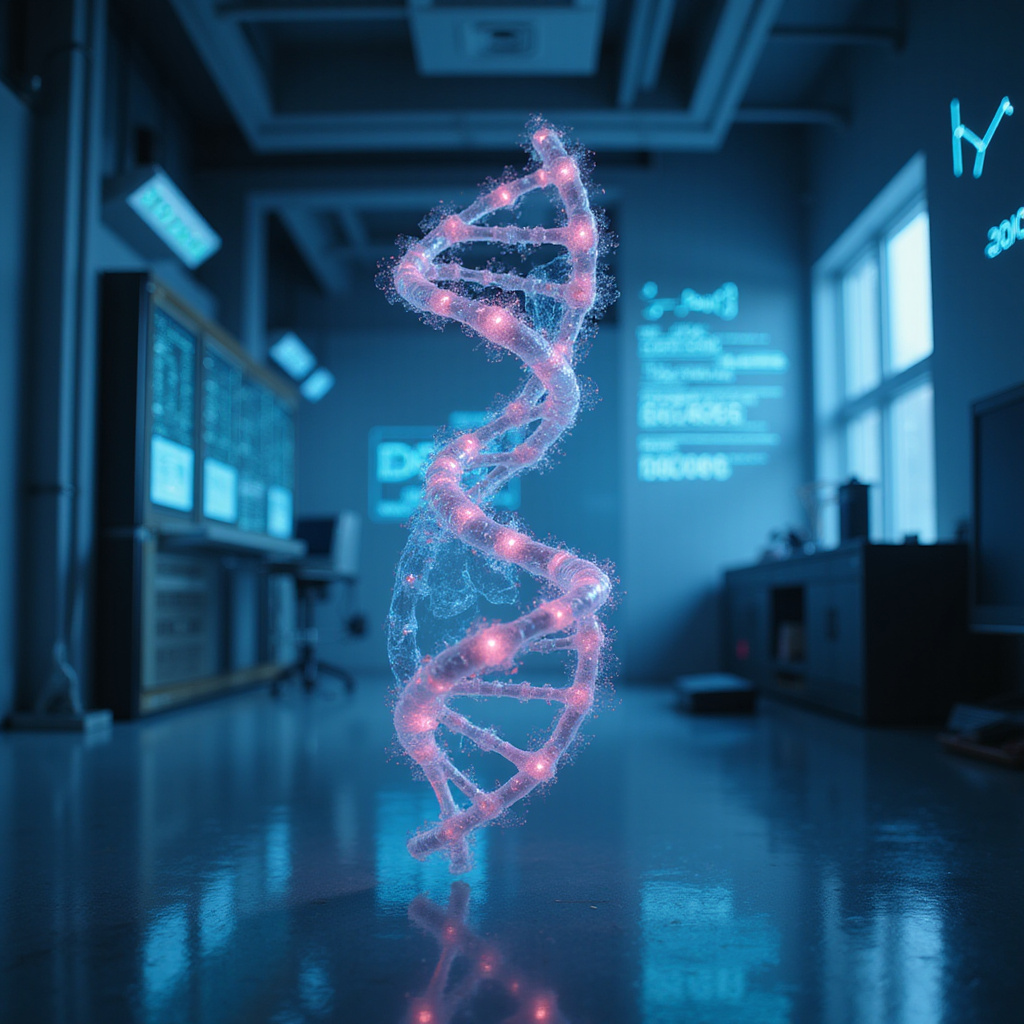 Sztuczna inteligencja analizująca struktury molekularne na ekranie komputera z podświetlonymi obszarami aktywności biologicznej