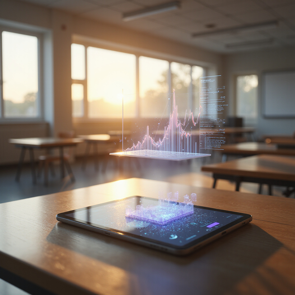 Nauczyciel przeglądający eseje z pomocą interfejsu AI, pokazującego analizę tekstu i sugerowane oceny