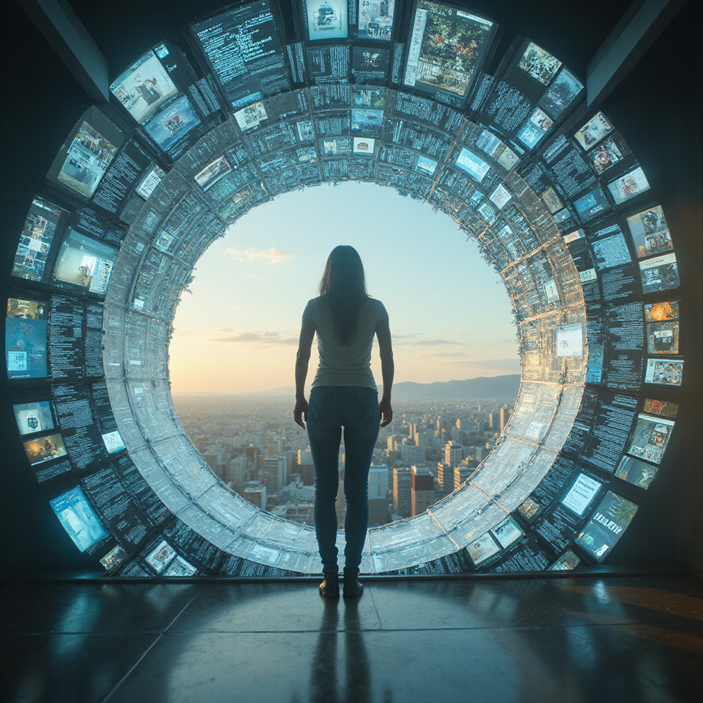 Ilustracja przedstawiająca osobę otoczoną bańką z wyselekcjonowanymi wiadomościami, z algorytmem AI w tle