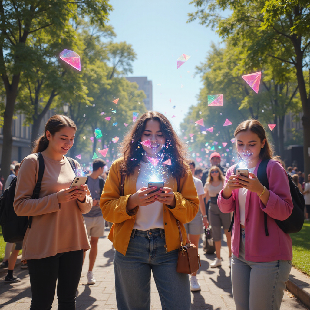 Alt text: Kobieta korzystająca z filtru AR na Instagramie, nakładającego wirtualne efekty na jej twarz w czasie rzeczywistym.