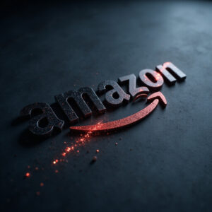 Grafika przedstawiająca logo Amazonu obok symboli sztucznej inteligencji i trendu spadkowego na wykresie, ilustrująca reorganizację firmy.