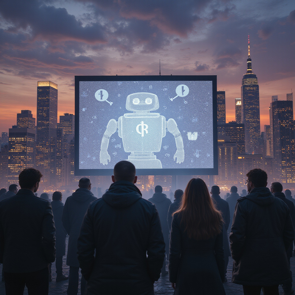 Grafika przedstawiająca grupę ludzi dyskutujących o sztucznej inteligencji, z wyraźnymi oznakami niepokoju na ich twarzach.