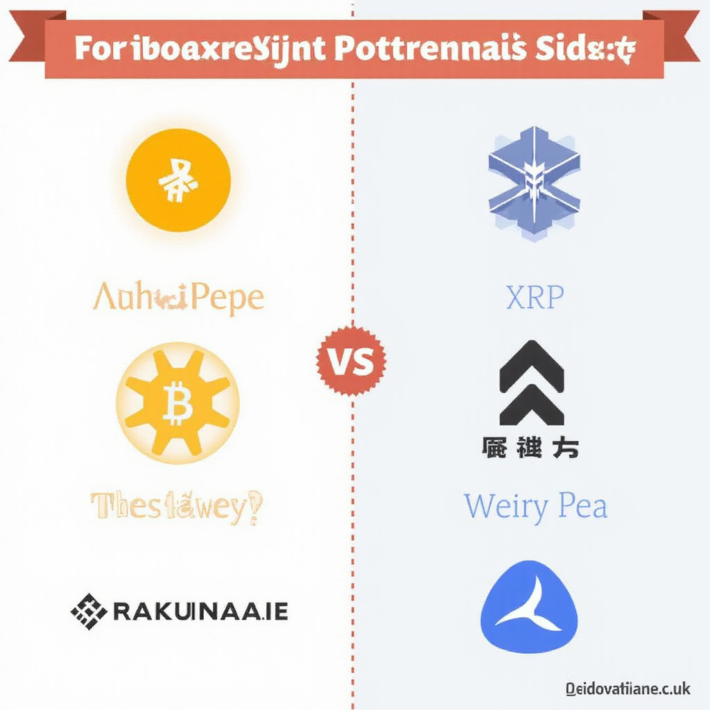 Porównanie wykresów cenowych AlphaPepe i XRP na tle loga Binance i Rakuten, ilustrujące potencjał inwestycyjny.