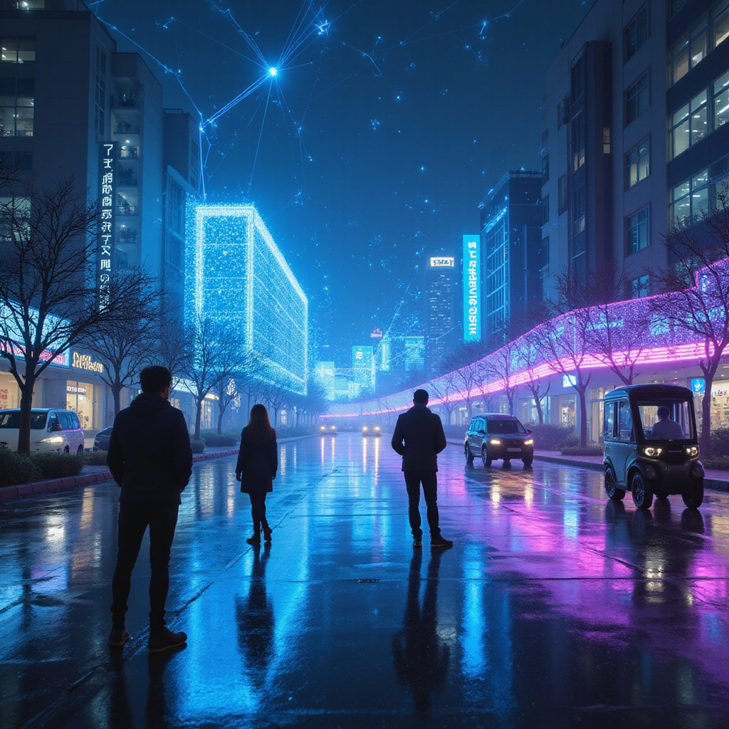 Ilustracja przedstawiająca siedzibę OpenAI w San Francisco z grafiką symbolizującą sztuczną inteligencję i wzrost finansowy.