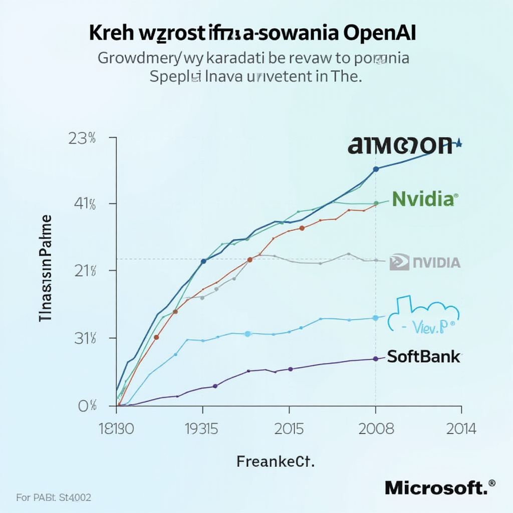 Grafika przedstawiająca wykres wzrostu finansowania OpenAI oraz logotypy partnerów: Amazon, Nvidia, SoftBank i Microsoft.