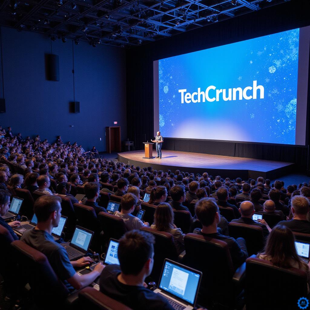 Grupa uczestników TechCrunch Disrupt 2026 rozmawia podczas sesji networkingowej w nowoczesnej sali konferencyjnej.