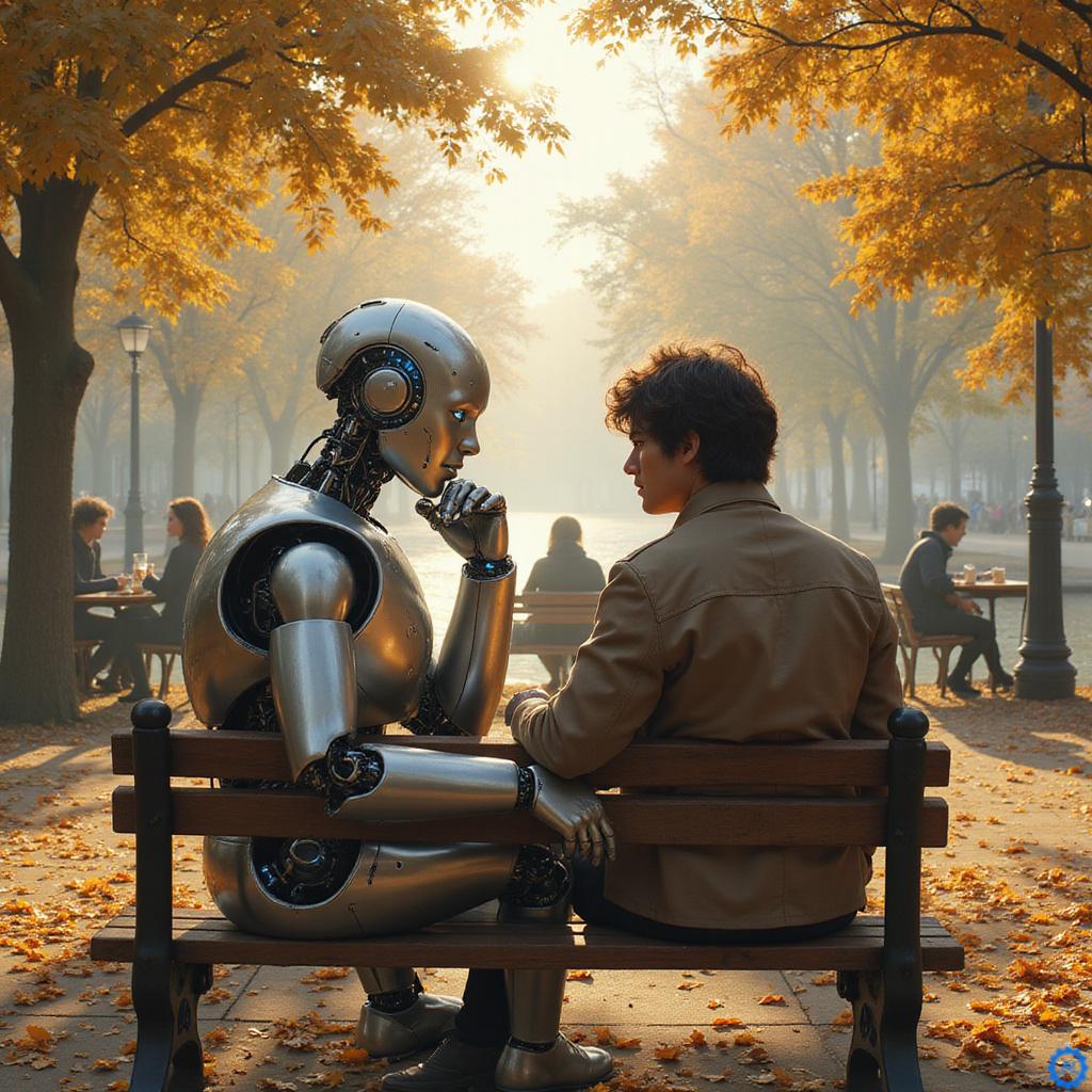Robot z ludzkimi cechami podaje dłoń człowiekowi, symbolizując naszą tendencję do antropomorfizacji sztucznej inteligencji.