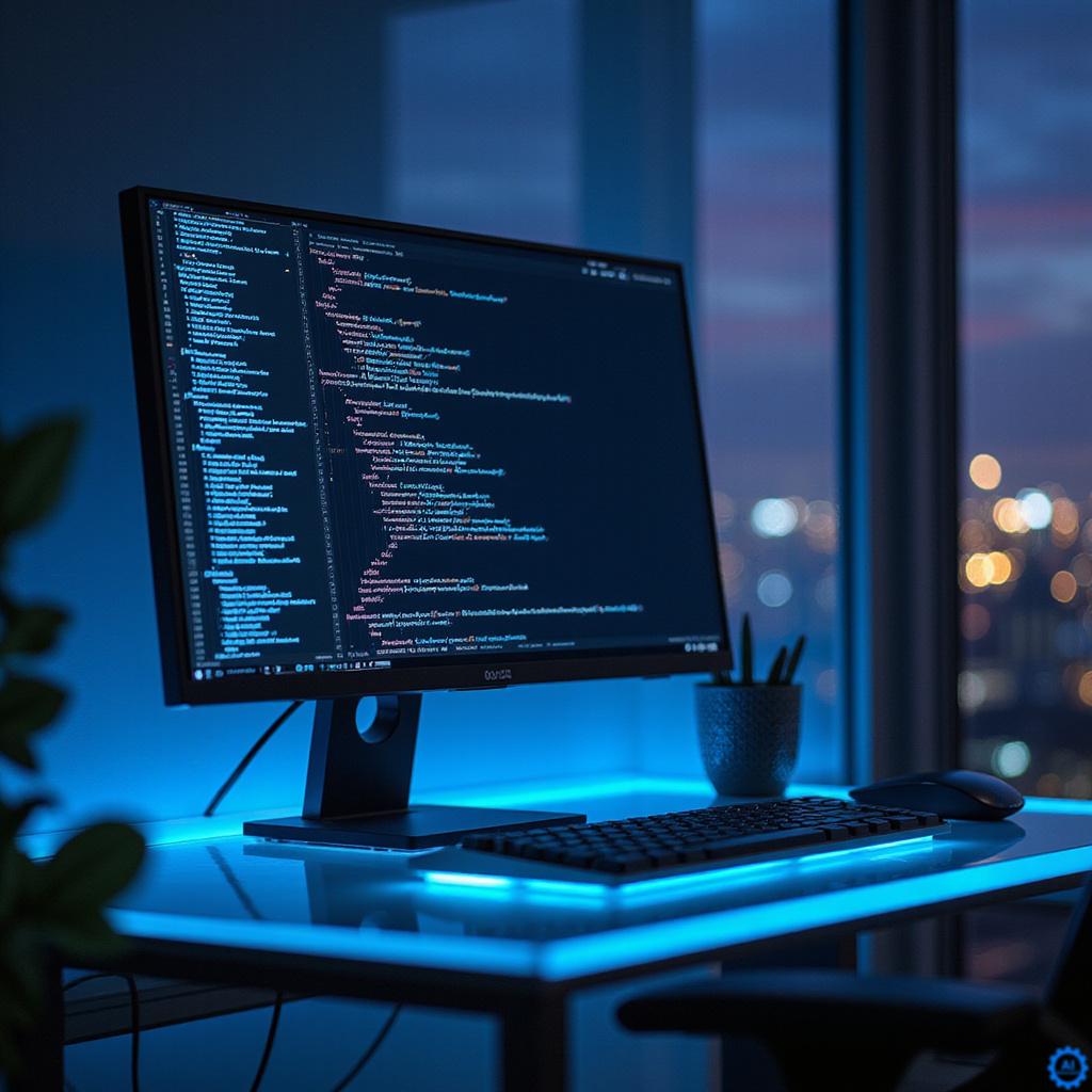 Laptop z wyświetlonym kodem programu obok ikony sztucznej inteligencji, ilustrujący działanie modelu Flint do kodowania AI.