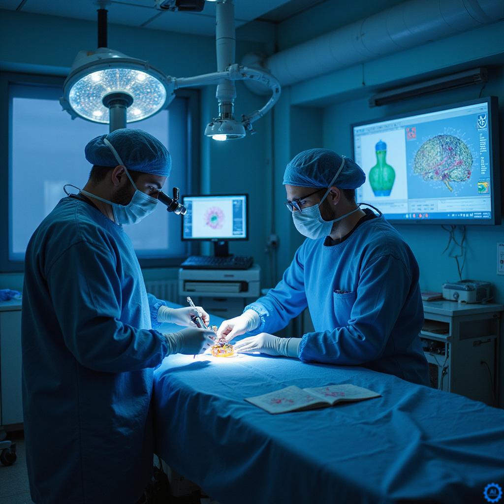 Mikrochip PRIMA wszczepiony w siatkówkę oka pacjenta z chorobą Stargardta, obok specjalnych okularów z kamerą, które przekazują obraz do implantu. ```