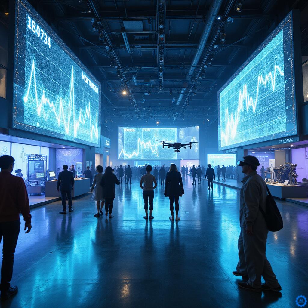 Główna scena TechCrunch Disrupt 2026 z widownią i wyświetlaczami pokazującymi logo wydarzenia, podczas prezentacji prelegenta